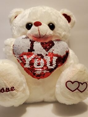 White Plush Bear Holding Red & White Sequin Heart, Mother's Day Gift